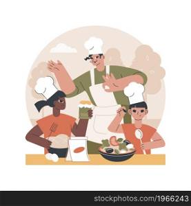 Cooking camp abstract concept vector illustration. Culinary education for kids, young chief course, cooking camp equipment, children summer vacation idea, eating outdoors abstract metaphor.. Cooking camp abstract concept vector illustration.