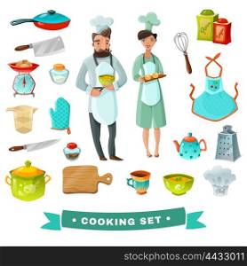 Cooking Cartoon Set. Cooking cartoon set with people and kitchen utensils isolated vector illustration