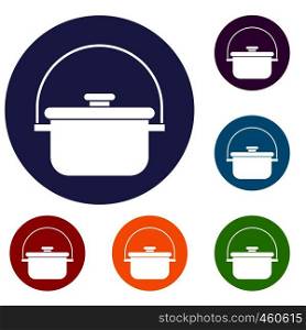 Cooking cauldron icons set in flat circle reb, blue and green color for web. Cooking cauldron icons set