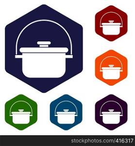 Cooking cauldron icons set rhombus in different colors isolated on white background. Cooking cauldron icons set