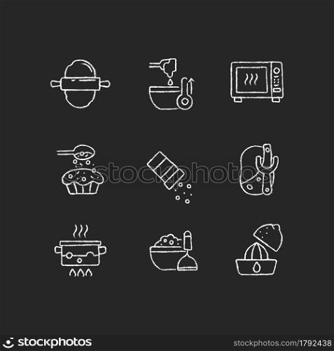 Cooking chalk white icons set on dark background. Cookery steps. Homemade meals. Recipe for dinner. Bake dessert. Food preparation instructions. Isolated vector chalkboard illustrations on black. Cooking chalk white icons set on dark background