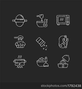 Cooking chalk white icons set on dark background. Cookery steps. Homemade meals. Recipe for dinner. Bake dessert. Food preparation instructions. Isolated vector chalkboard illustrations on black. Cooking chalk white icons set on dark background