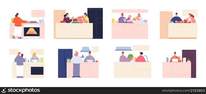 Cooking characters. Dinner on kitchen, prepare food for lunch. People eating, woman baked or cook vegetables and meat. Home food utter vector set. Illustration of kitchen dinner food, cooking homemade. Cooking characters. Dinner on kitchen, prepare food for lunch. People eating, woman baked or cook vegetables and meat. Home food utter vector set
