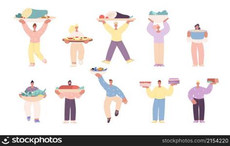 Cooking characters. Festive dinner meals, thanksgiving, birthday or christmas party food. People hold home made meal for lunch utter vector set. Illustration of character with dinner meals in hands. Cooking characters. Festive dinner meals, thanksgiving, birthday or christmas party food. People hold home made meal for lunch utter vector set