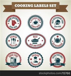 Cooking chef labels set of good catering delicious food always fresh isolated vector illustration