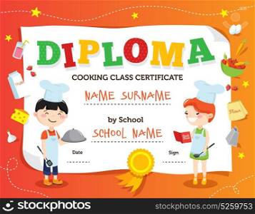 Cooking Class Diploma Design. Little chef diploma design with cartoon teenager cook characters flat decorations and fields for personal data vector illustration