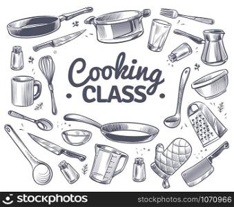 Cooking class. Sketch kitchen tool, kitchenware. Soup pan, knife and fork, spoon and grater chef utensils doodle vector gastronomy culinary dish text emblem concept. Cooking class. Sketch kitchen tool, kitchenware. Soup pan, knife and fork, spoon and grater chef utensils doodle vector gastronomy concept