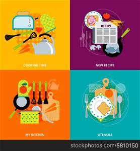 Cooking concept 4 flat icons square. Cooking concept with new recipe kitchen accessories 4 flat square icons composition banner abstract isolated vector illustration