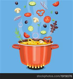 cooking concept. On the stove, boil the soup. Vector illustration in flat style. cooking concept. On the stove, boil the soup