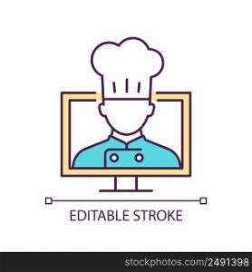 Cooking course online RGB color icon. Master class with chief. Learn to cook with video lesson. Isolated vector illustration. Simple filled line drawing. Editable stroke. Arial font used. Cooking course online RGB color icon