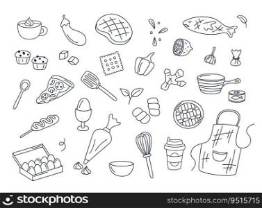 Cooking doodles vector set of isolated elements. Cute doodle illustrations collection of utensils, kitchenware, food, meal ingredients, kitchen objects. Fruits, vegetables, bakery on white background.. Cooking doodles vector set of isolated elements. Cute doodle illustrations collection of utensils, kitchenware, food, meal ingredients, kitchen objects. Fruits, vegetables, bakery on white background