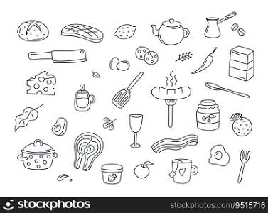 Cooking doodles vector set of isolated elements. Cute doodle illustrations collection of utensils, kitchenware, food, meal ingredients, kitchen objects. Fruits, meat, eggs, bakery on white background.. Cooking doodles vector set of isolated elements. Cute doodle illustrations collection of utensils, kitchenware, food, meal ingredients, kitchen objects. Fruits, meat, eggs, bakery on white background