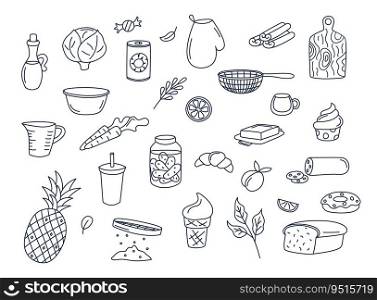 Cooking doodles vector set of isolated elements. Cute doodle illustrations collection of utensils, kitchenware, food, meal ingredients, kitchen objects. Fruits, vegetables, bakery on white background.. Cooking doodles vector set of isolated elements. Cute doodle illustrations collection of utensils, kitchenware, food, meal ingredients, kitchen objects. Fruits, vegetables, bakery on white background