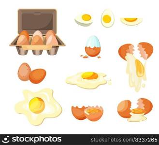 Cooking eggs set. Cracked and peeled eggs collection. Can be used for topics like easter, dinner, farm