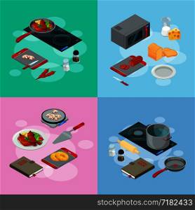 Cooking elements. Banner and poster with vector cooking food isometric objects concept illustration. Cooking elements. Vector cooking food isometric illustration