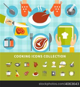 Cooking elements set with kitchen utensils different dishes meals ingredients chef cookbook in flat style vector illustration. Cooking Elements Set