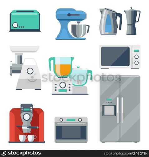 Cooking equipment flat icons set. Toaster and stove, kettle and mixer, refrigerator and grinder, blender object. Vector illustration. Cooking equipment flat icons set