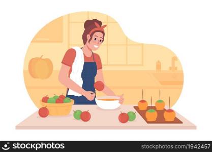 Cooking fall treats 2D vector isolated illustration. Girl preparing candy apples. Festive dessert. Happy woman flat characters on cartoon background. Kitchen activity for autumn colourful scene. Cooking fall treats 2D vector isolated illustration