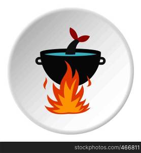Cooking fish soup on a fire icon in flat circle isolated vector illustration for web. Cooking fish soup on a fire icon circle