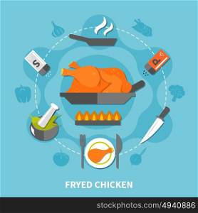 Cooking Flat Template. Cooking flat template with fried chicken salt pepper pan knife plate on blue background isolated vector illustration