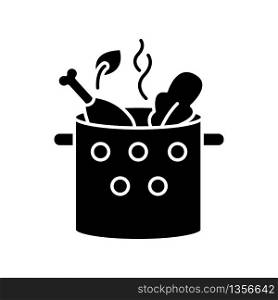 Cooking food black glyph icon. Boiling chicken soup. Dish recipe. Prepare diner. Homemade broth with meat and vegetable. Hot pot. Silhouette symbol on white space. Vector isolated illustration