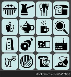 Cooking food black icons set with eggs turk cutlery bread isolated vector illustration