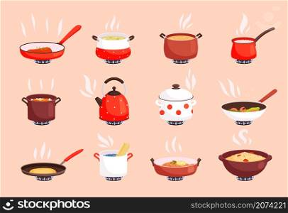 Cooking food. Boiling in kitchen pan on gas stove cookware processes egg and soup preparing nowaday vector flat pictures set isolated. Saucepan and pot, cooking food in pan illustration. Cooking food. Boiling in kitchen pan on gas stove cookware processes egg and soup preparing nowaday vector flat pictures set isolated