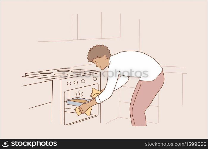 Cooking, food, hobby, housework concept. Young happy smiling african american man guy household cartoon character putting hot tray bakery cake in oven. Domestic chores or healthy lifetyle illustration. Cooking, food, hobby, housework concept