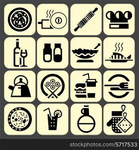 Cooking food icons set black with pizza pot rolling pin chef hat isolated vector illustration