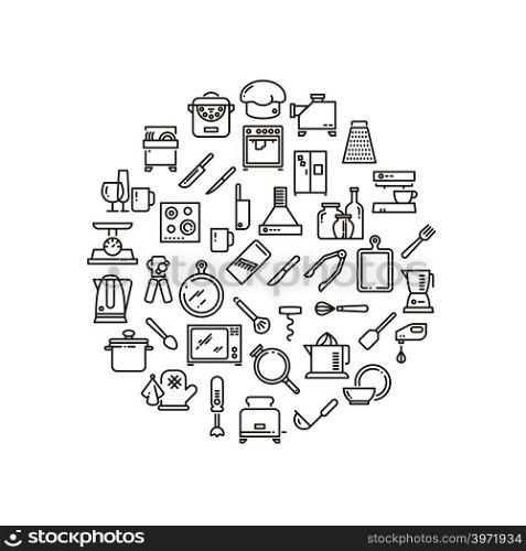 Cooking food in kitchen outline icons. Kitchen utensil design linear graphic, opener and kettle. Vector illustration. Cooking food in kitchen outline icons