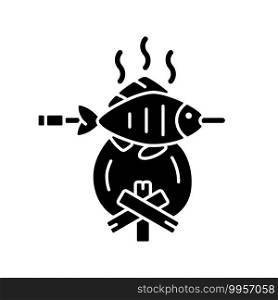 Cooking freshly caught fish black glyph icon. Fres sea food idea. Hobby and leasure activities. Making a fire. Outdoor cooking. Silhouette symbol on white space. Vector isolated illustration. Cooking freshly caught fish black glyph icon