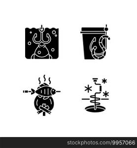 Cooking freshly caught fish black glyph icons set on white space. Winter fishing. Live bait. Hobby and leisure activity. Outdoor cooking. Sea food. Silhouette symbols. Vector isolated illustration. Cooking freshly caught fish black glyph icons set on white space