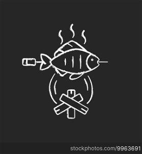 Cooking freshly caught fish chalk white icon on black background. Fres sea food idea. Hobby and leasure activities. Making a fire. Outdoor cooking. Isolated vector chalkboard illustration. Cooking freshly caught fish chalk white icon on black background