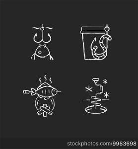 Cooking freshly caught fish chalk white icons set on black background. Winter fishing. Live bait. Hobby and leisure activity. Outdoor cooking. Sea food. Isolated vector chalkboard illustrations. Cooking freshly caught fish chalk white icons set on black background