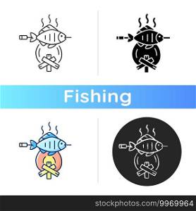 Cooking freshly caught fish icon. Fres sea food idea. Hobby and leasure activities. Making a fire. Outdoor cooking. Linear black and RGB color styles. Isolated vector illustrations. Cooking freshly caught fish icon