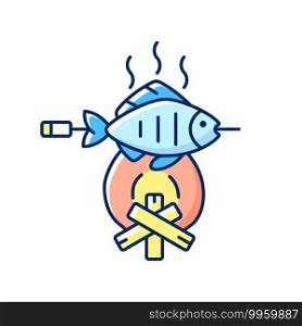 Cooking freshly caught fish RGB color icon. Fresh sea food idea. Hobby and leisure activity. Hobby and leasure activities. Making a fire. Outdoor cooking. Isolated vector illustration. Cooking freshly caught fish RGB color icon