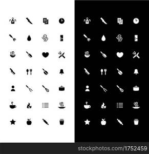 Cooking glyph icons set for night and day mode. Meal preparation. Dinner recipe. Mobile UI elements for app. Silhouette symbols for light, dark theme. Vector isolated illustration bundle. Cooking glyph icons set for night and day mode