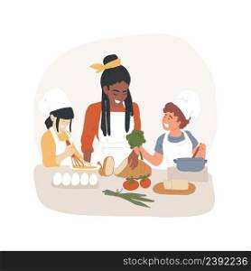 Cooking healthy meal isolated cartoon vector illustration Children cooking together, healthy nutrition class, PA day program, eating habits, summer camp, after school activity vector cartoon.. Cooking healthy meal isolated cartoon vector illustration