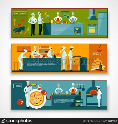 Cooking horizontal banner set with people making pizza and baking isolated vector illustration. Cooking People Banner Set