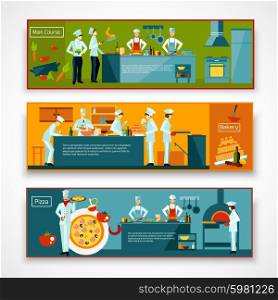 Cooking horizontal banner set with people making pizza and baking isolated vector illustration. Cooking People Banner Set