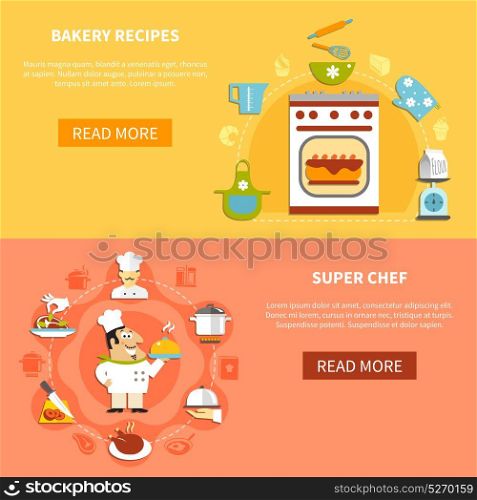 Cooking Horizontal Banners. Cooking horizontal banners with home bakery ingredients chef and his tasks in flat style vector illustration