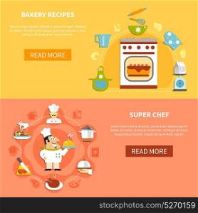 Cooking Horizontal Banners. Cooking horizontal banners with home bakery ingredients chef and his tasks in flat style vector illustration