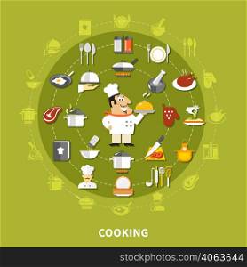 Cooking icons circle collection with chef fried chicken steak apron cookbook mitt kitchen utensils isolated vector illustration. Cooking Icons Circle Collection