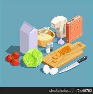 Cooking icons isometric composition with cumbersome products ripe vegetables whipper knife with cutting board and cookbook vector illustration . Cooking Isometric Elements Set