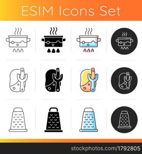 Cooking icons set. Boiling water in pot on stove flame. Peeling skin from potato with kitchen utensil. Metallic grate to cut food. Linear, black and RGB color styles. Isolated vector illustrations. Cooking icons set