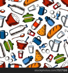 Cooking ingredients background for kitchen interior design with seamless retro pattern of eggs, cheese and breads, butter and sour cream, flour and sugar, bottles and jugs of milk. Cooking ingredients seamless pattern background