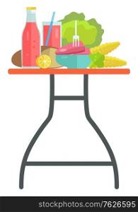 Cooking ingredients food and drinks on table isolated object vector. Chicken meat and corn, cabbage and bread, orange and juice in bottle and cup. Flat cartoon. Food and Drinks on Table, Cooking Ingredients