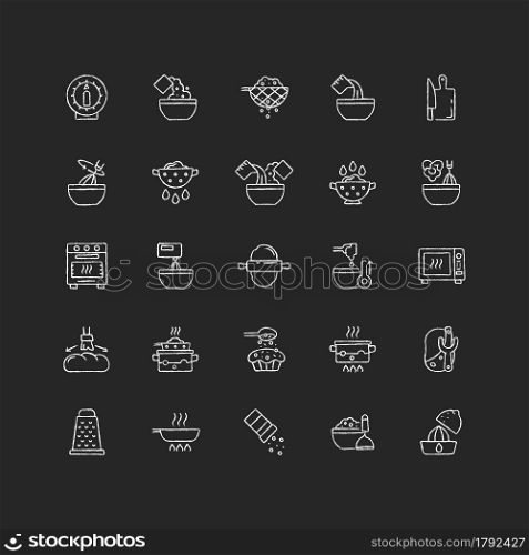 Cooking instruction chalk white icons set on dark background. Frying pan. Kitchen timer. Cook dinner and meal. Food preparation process steps. Isolated vector chalkboard illustrations on black. Cooking instruction chalk white icons set on dark background