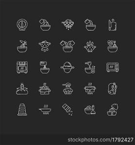 Cooking instruction chalk white icons set on dark background. Frying pan. Kitchen timer. Cook dinner and meal. Food preparation process steps. Isolated vector chalkboard illustrations on black. Cooking instruction chalk white icons set on dark background