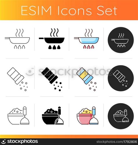 Cooking instruction icons set. Frying pan on stove. Sprinkle salt. Mashed potatoes in bowl. Culinary and cookery guide steps. Linear, black and RGB color styles. Isolated vector illustrations. Cooking instruction icons set